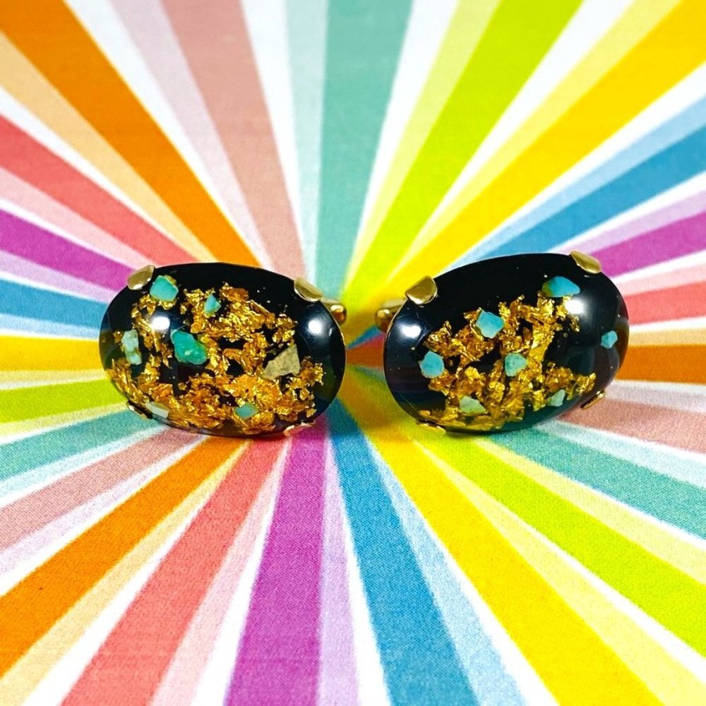 Vintage Hickok TURQUOISE CHIP GOLD FLAKE Confetti mens Cufflinks Rare 50's 60's